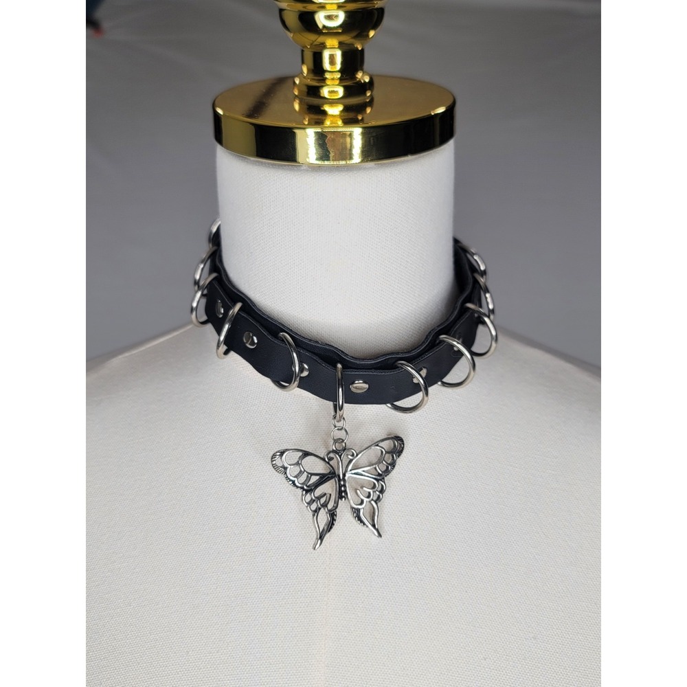 3 Pc Goth Punk Choker Bundle Butterfly O Ring Spike Padlock Alt Necklace Set - Picture 6 of 10
